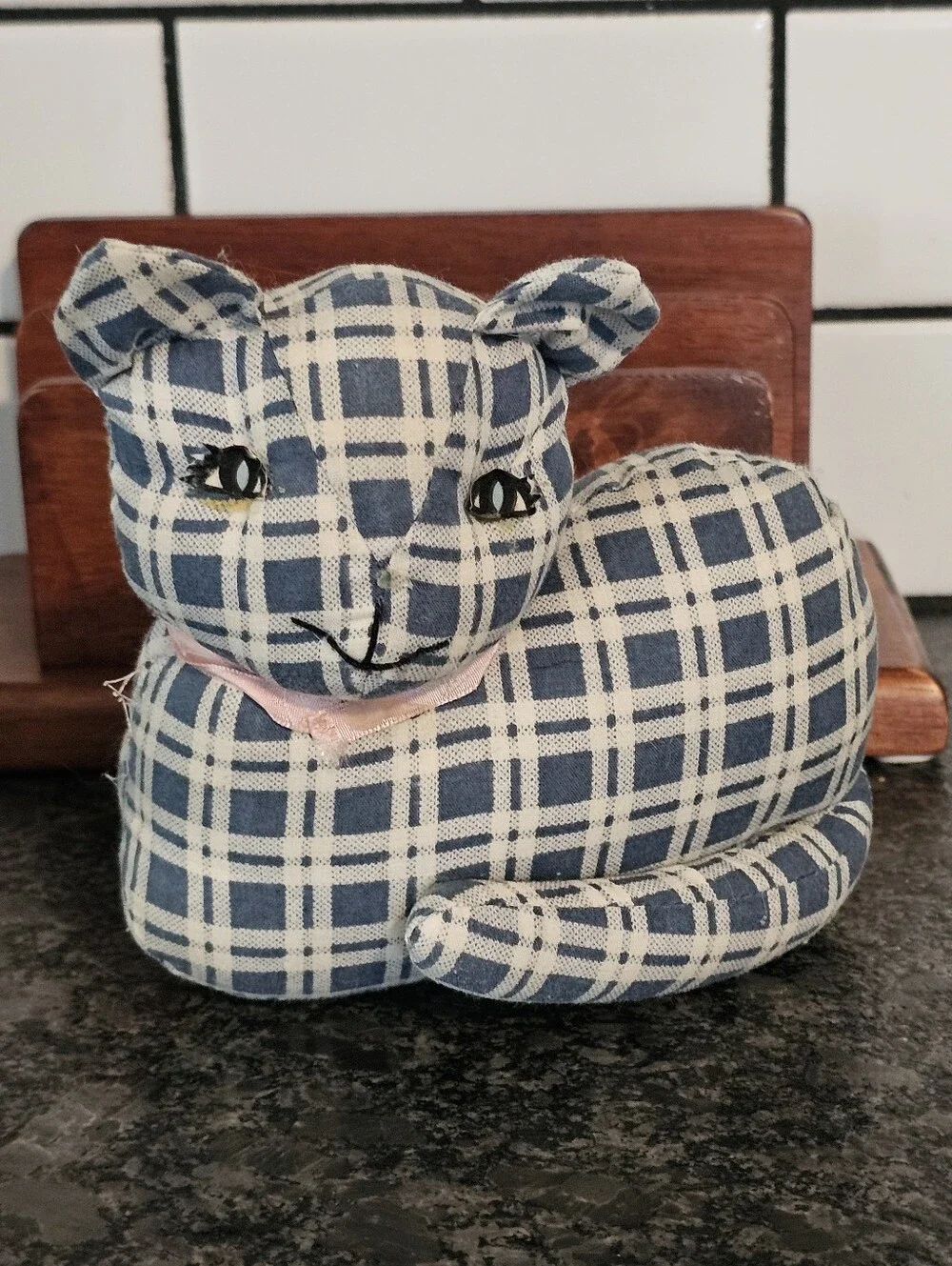 Cottagecore Grandma Cat Gingham Plaid Plush Blue Stuffy Shelf Sitter Corticelli